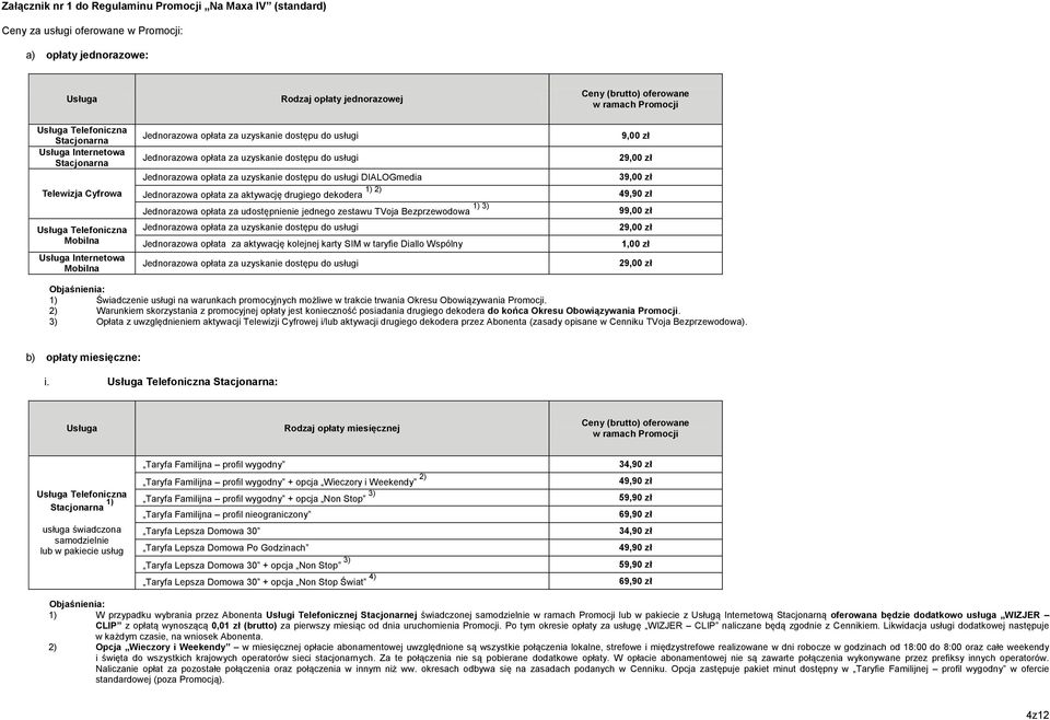 opłata za aktywację drugiego dekodera 49,90 1) 3) Jednorazowa opłata za udostępnienie jednego zestawu TVoja Bezprzewodowa 99,00 Jednorazowa opłata za uzyskanie dostępu do usługi Jednorazowa opłata za