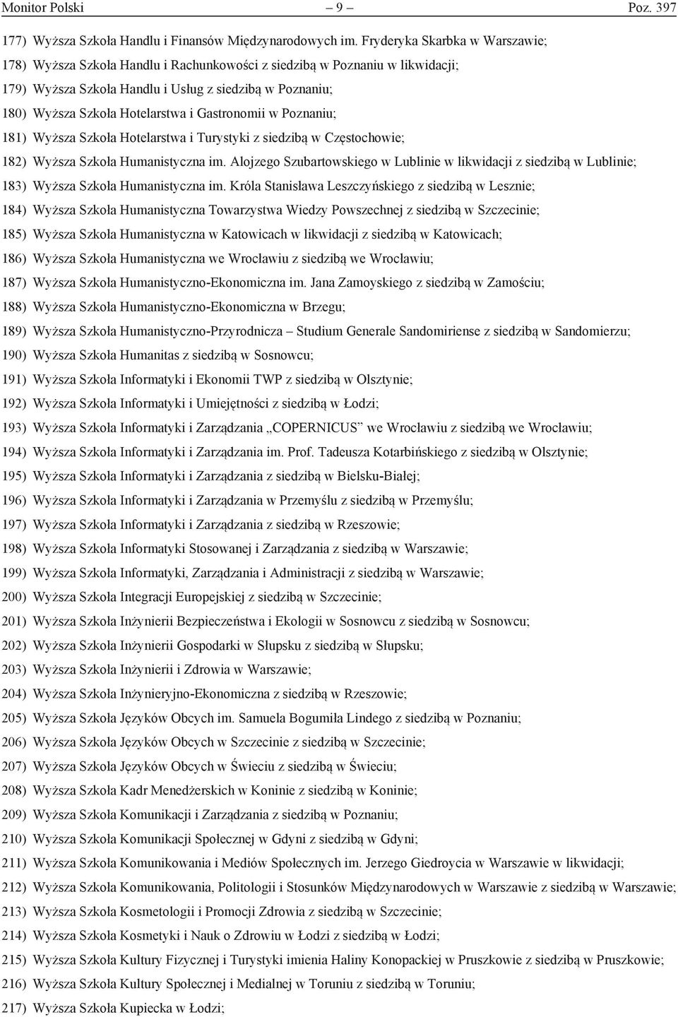 Gastronomii w Poznaniu; 181) Wyższa Szkoła Hotelarstwa i Turystyki z siedzibą w Częstochowie; 182) Wyższa Szkoła Humanistyczna im.