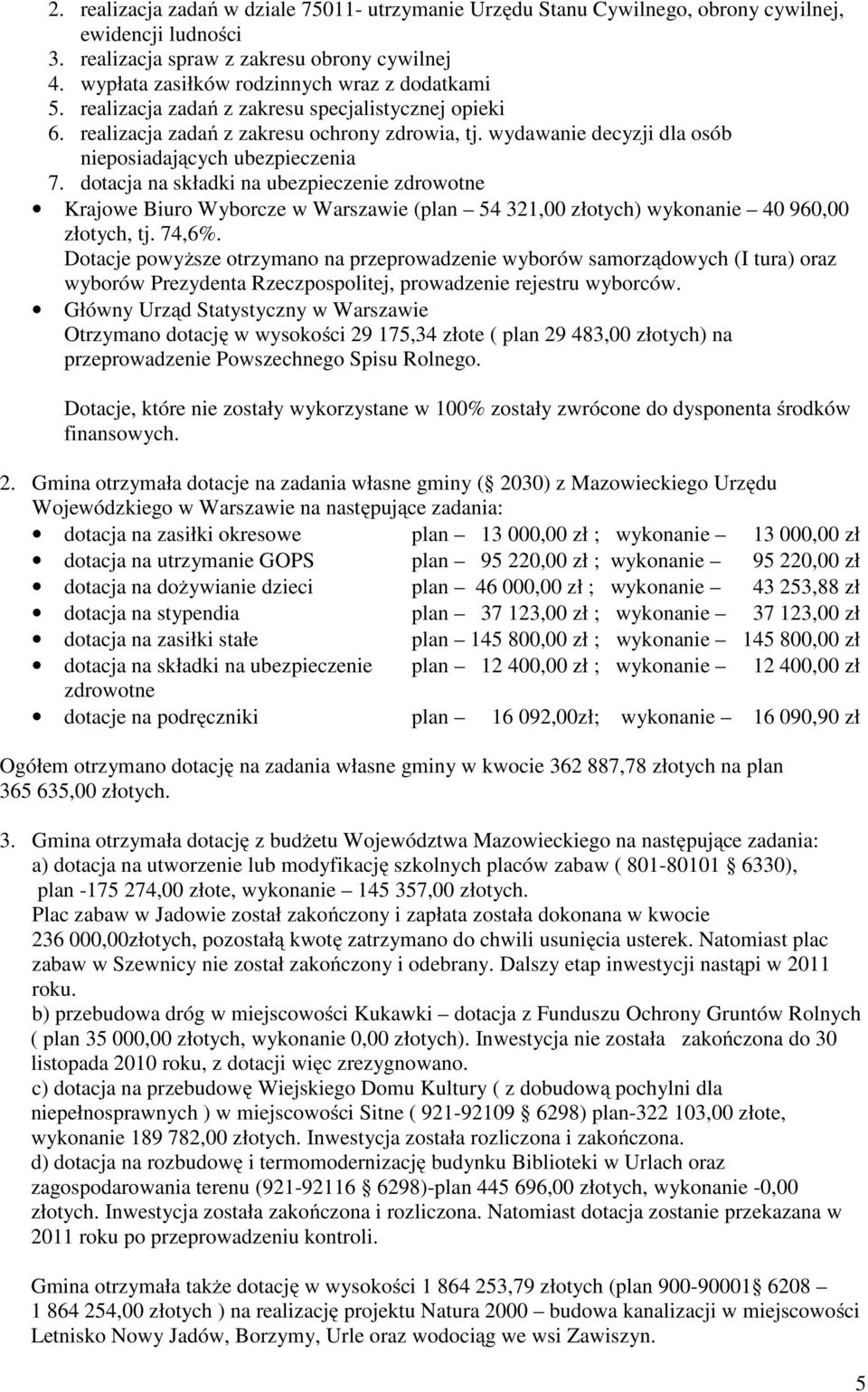 wydawanie decyzji dla osób nieposiadających ubezpieczenia 7. dotacja na składki na ubezpieczenie zdrowotne Krajowe Biuro Wyborcze w Warszawie (plan 54 321,00 złotych) wykonanie 40 960,00 złotych, tj.