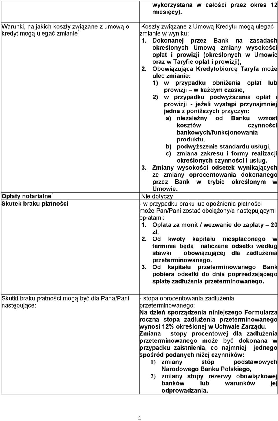 Kredytu mogą ulegać zmianie w wyniku: 1. Dokonanej przez Bank na zasadach określonych Umową zmiany wysokości opłat i prowizji (określonych w Umowie oraz w Taryfie opłat i prowizji), 2.