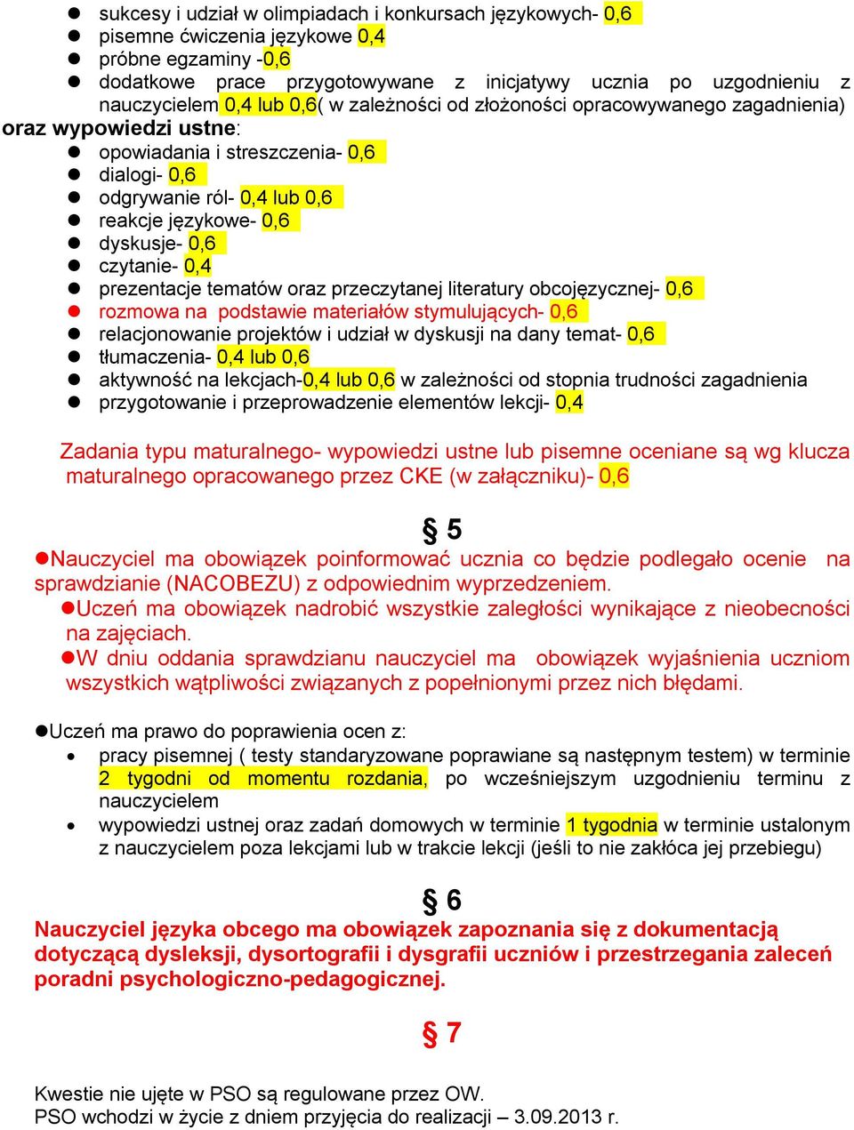 0,4 prezentacje tematów oraz przeczytanej literatury obcojęzycznej- 0,6 rozmowa na podstawie materiałów stymulujących- 0,6 relacjonowanie projektów i udział w dyskusji na dany temat- 0,6 tłumaczenia-
