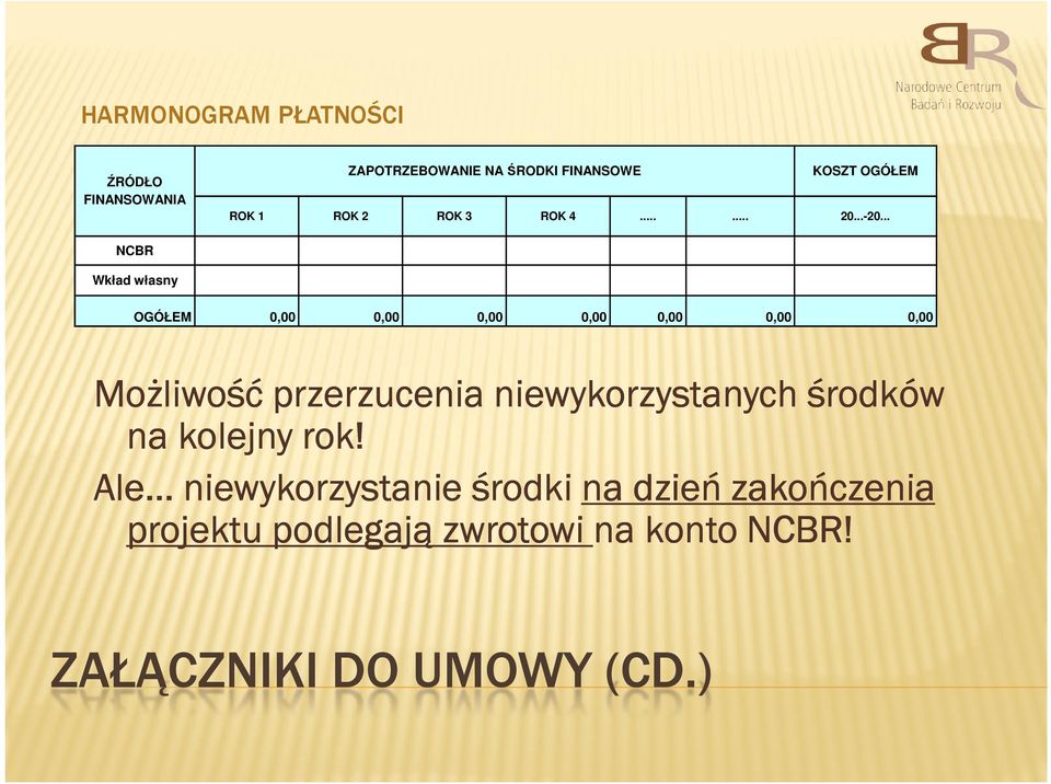 .. NCBR Wkład własny OGÓŁEM Możliwość przerzucenia niewykorzystanych środków na