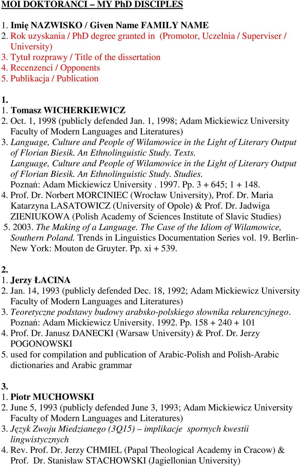 Publikacja / Publication 1. 1. Tomasz WICHERKIEWICZ Oct. 1, 1998 (publicly defended Jan.
