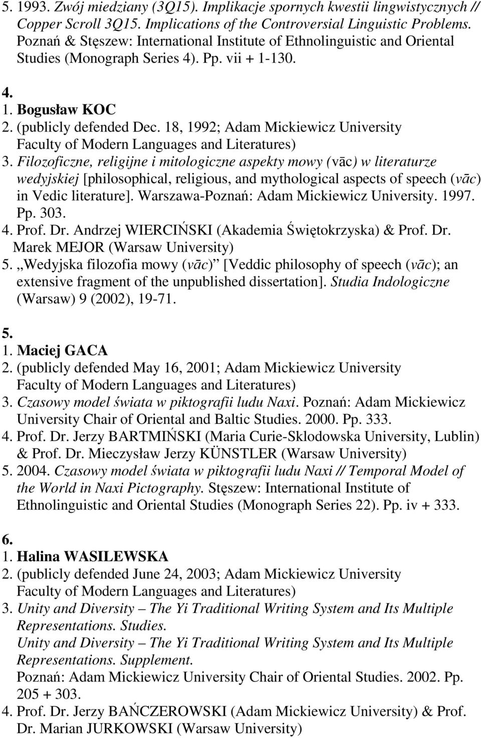 18, 1992; Adam Mickiewicz University Filozoficzne, religijne i mitologiczne aspekty mowy (vāc) w literaturze wedyjskiej [philosophical, religious, and mythological aspects of speech (vāc) in Vedic