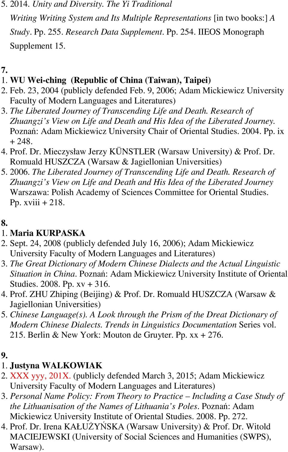 Research of Zhuangzi s View on Life and Death and His Idea of the Liberated Journey. Poznań: Adam Mickiewicz University Chair of Oriental Studies. 200 Pp. ix + 248. Prof. Dr.