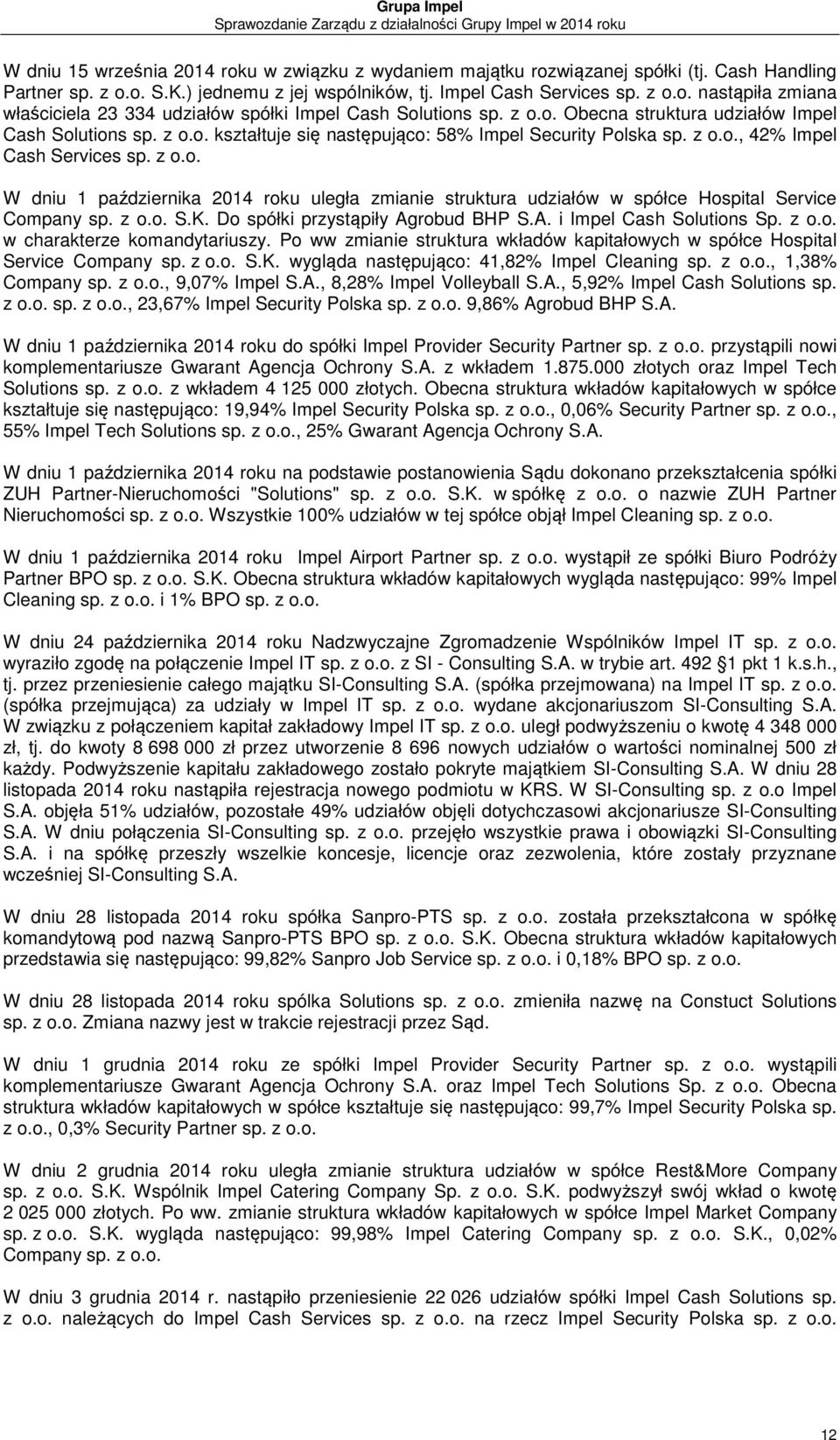 Impel Cash Services W dniu 1 października 2014 roku uległa zmianie struktura udziałów w spółce Hospital Service Company S.K. Do spółki przystąpiły Agrobud BHP S.A. i Impel Cash Solutions Sp. z o.o. w charakterze komandytariuszy.