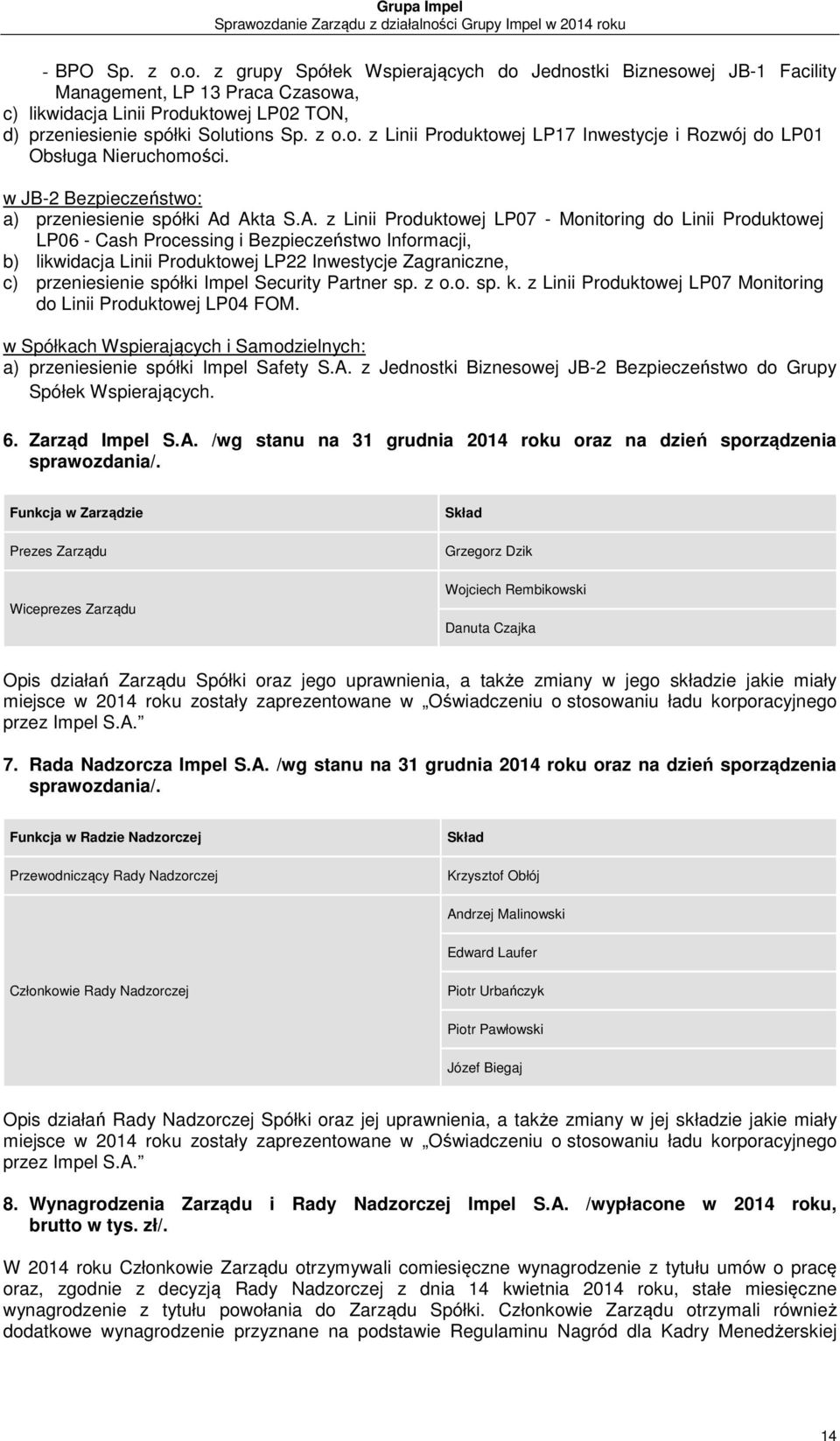 Akta S.A. z Linii Produktowej LP07 - Monitoring do Linii Produktowej LP06 - Cash Processing i Bezpieczeństwo Informacji, b) likwidacja Linii Produktowej LP22 Inwestycje Zagraniczne, c) przeniesienie