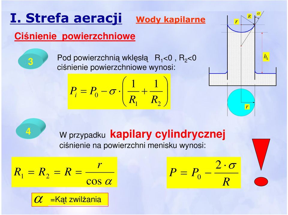 wynosi: h k P i P 0 σ + r 4 W przypadku kapilary cylindrycznej