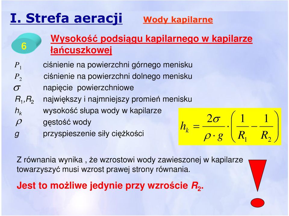 promień menisku wysokość słupa wody w kapilarze gęstość wody przyspieszenie siły ciężkości h k σ ρ g Z równania wynika,