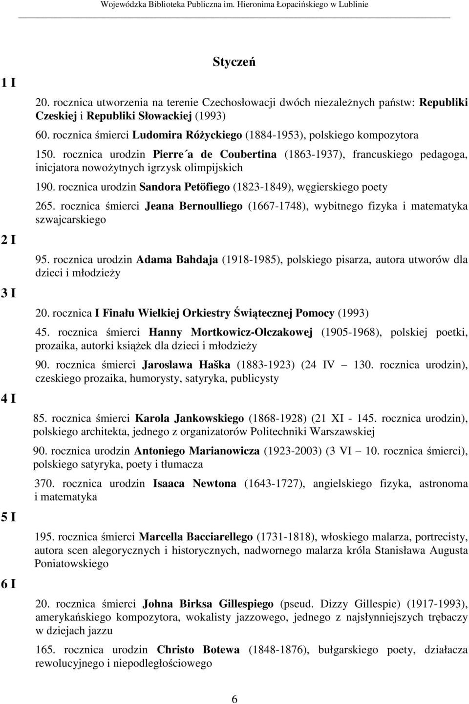 rocznica urodzin Pierre a de Coubertina (1863-1937), francuskiego pedagoga, inicjatora nowożytnych igrzysk olimpijskich 190. rocznica urodzin Sandora Petöfiego (1823-1849), węgierskiego poety 265.