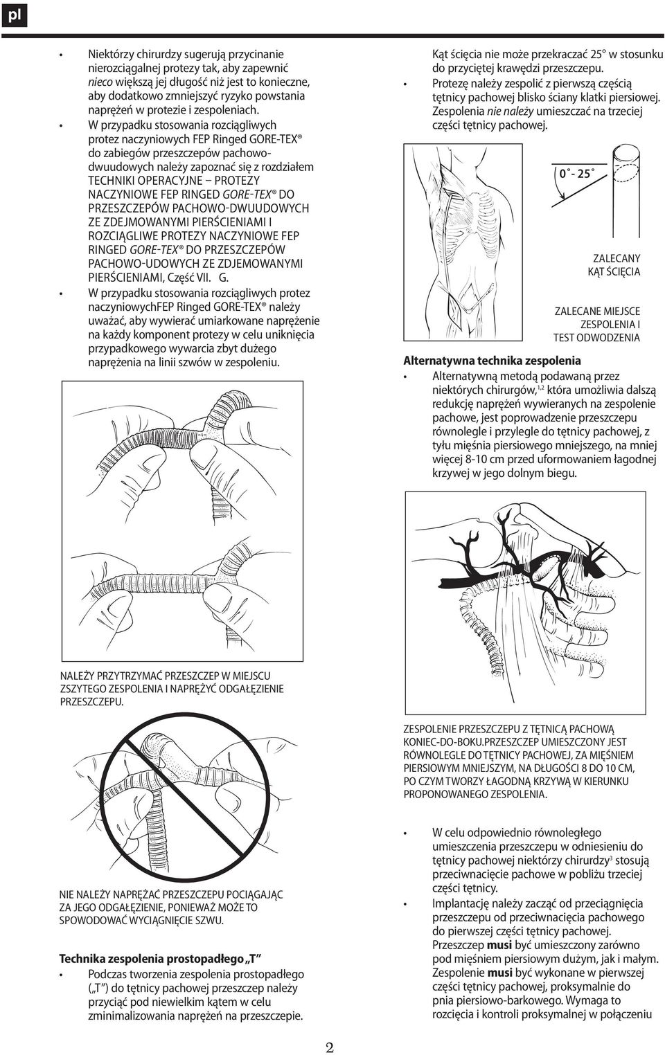 W przypadku stosowania rozciągliwych protez naczyniowych FEP Ringed GORE-TEX do zabiegów przeszczepów pachowodwuudowych należy zapoznać się z rozdziałem TECHNIKI OPERACYJNE PROTEZY NACZYNIOWE FEP