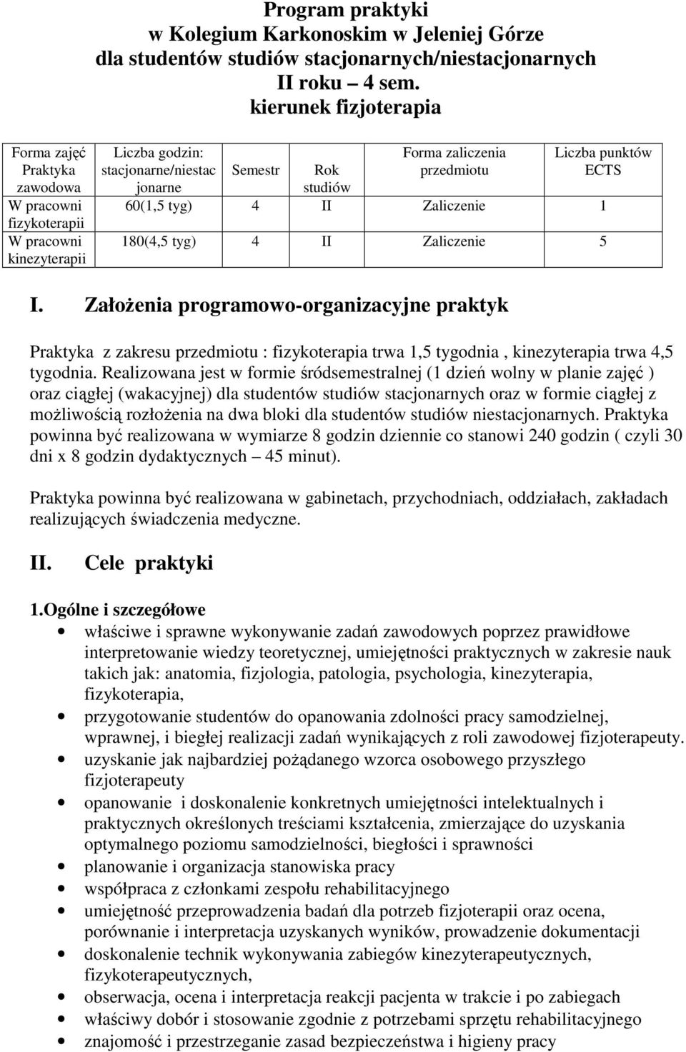 tyg) 4 II Zaliczenie 1 Liczba punktów ECTS 180(4,5 tyg) 4 II Zaliczenie 5 I.