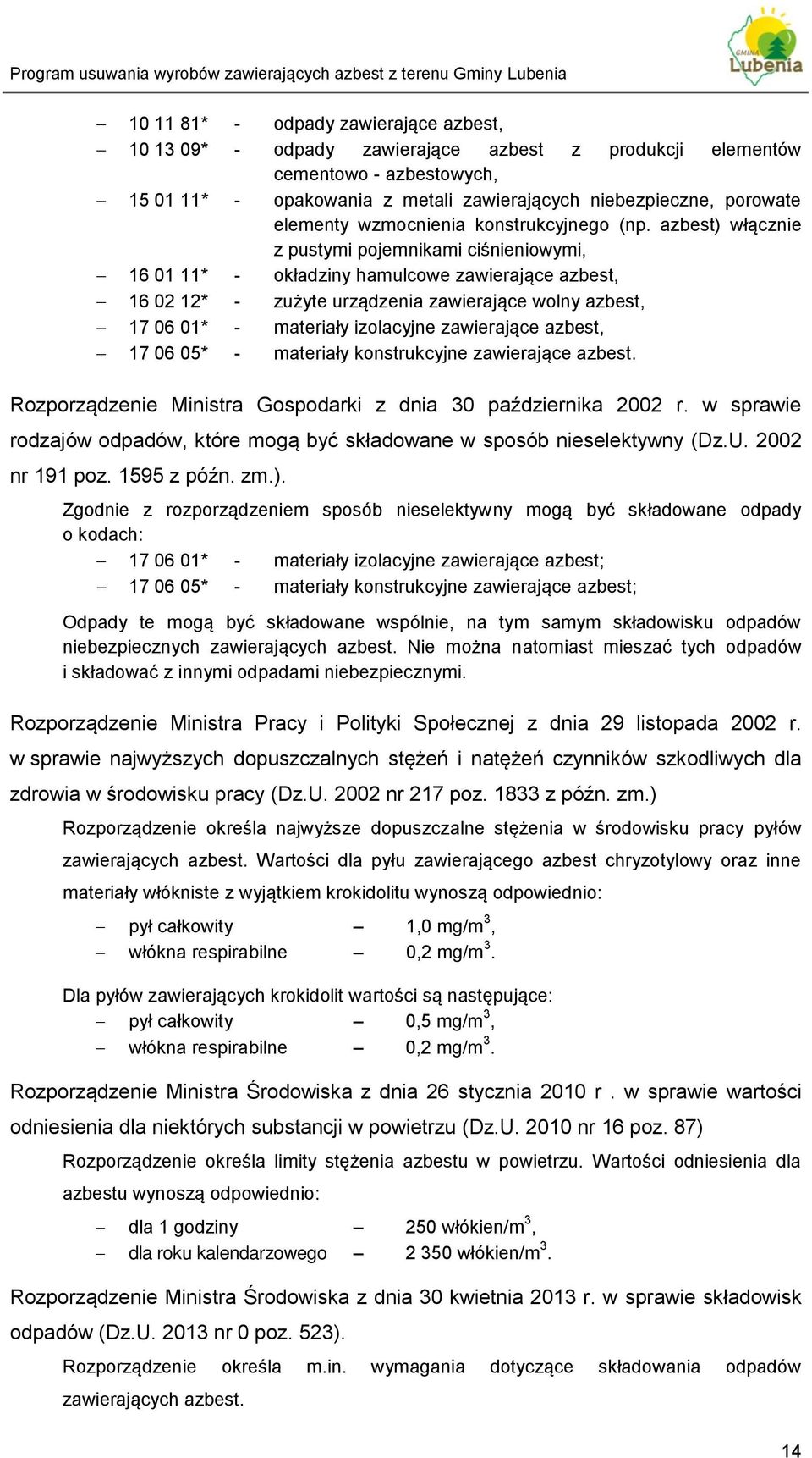 azbest) włącznie z pustymi pojemnikami ciśnieniowymi, 16 01 11* - okładziny hamulcowe zawierające azbest, 16 02 12* - zużyte urządzenia zawierające wolny azbest, 17 06 01* - materiały izolacyjne