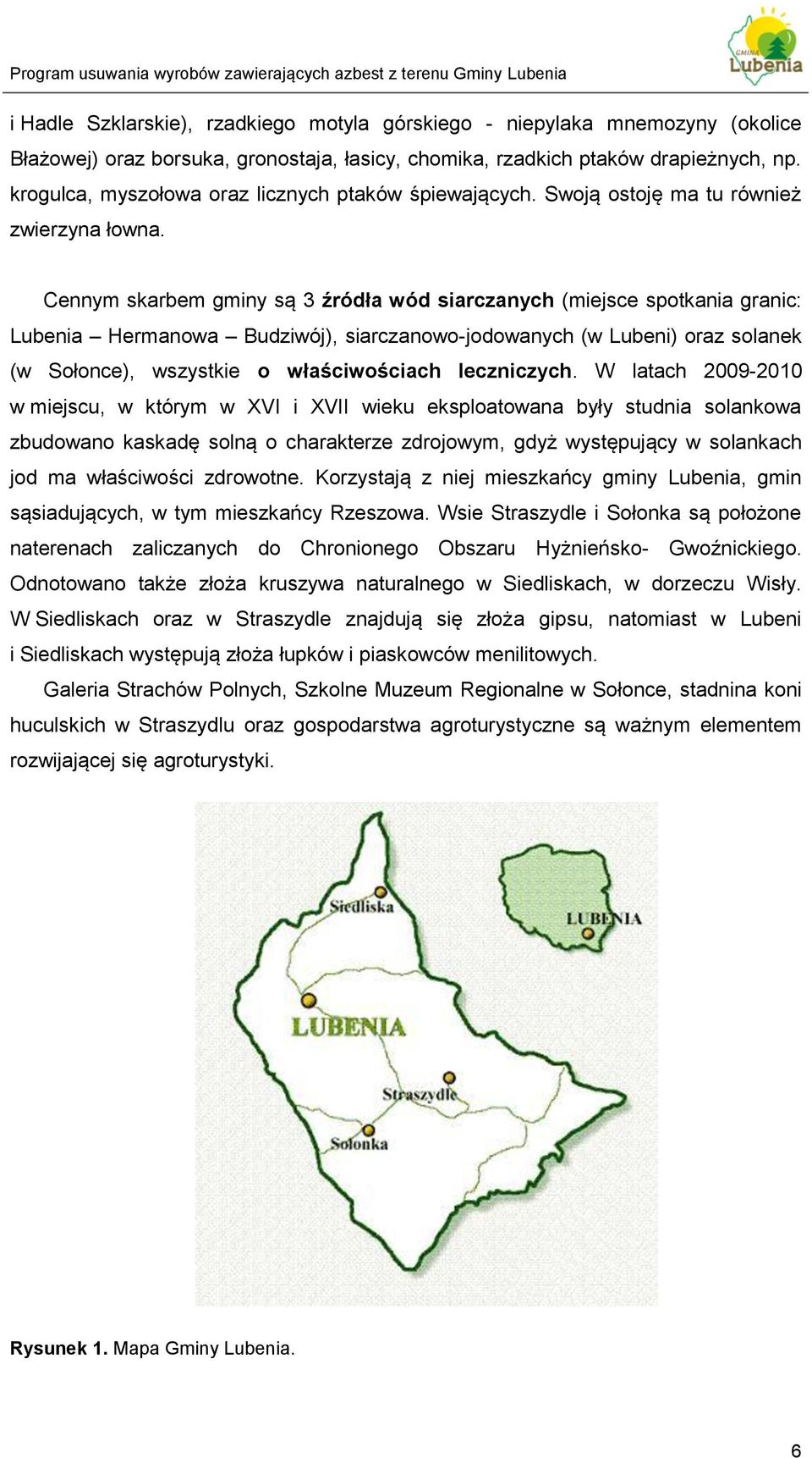 Cennym skarbem gminy są 3 źródła wód siarczanych (miejsce spotkania granic: Lubenia Hermanowa Budziwój), siarczanowo-jodowanych (w Lubeni) oraz solanek (w Sołonce), wszystkie o właściwościach