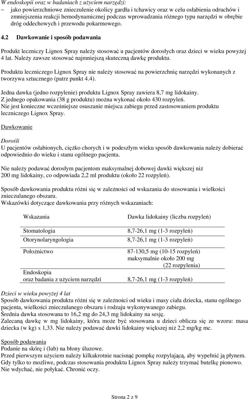 2 Dawkowanie i sposób podawania Produkt leczniczy Lignox Spray należy stosować u pacjentów dorosłych oraz dzieci w wieku powyżej 4 lat. Należy zawsze stosować najmniejszą skuteczną dawkę produktu.