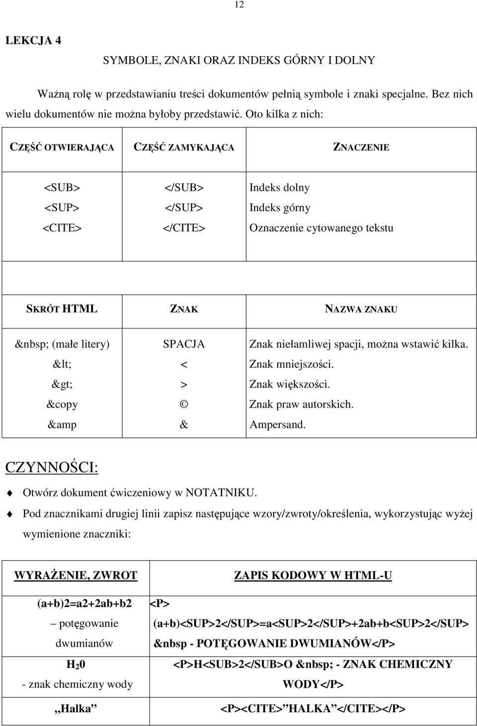 litery) < > &copy &amp SPACJA < > & Znak niełamliwej spacji, można wstawić kilka. Znak mniejszości. Znak większości. Znak praw autorskich. Ampersand. Otwórz dokument ćwiczeniowy w NOTATNIKU.