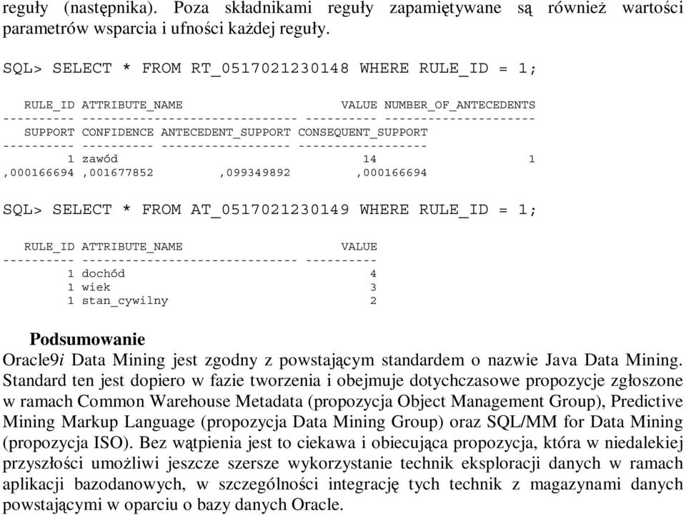 ANTECEDENT_SUPPORT CONSEQUENT_SUPPORT ---------- ---------- ------------------ ------------------ 1 zawód 14 1,000166694,001677852,099349892,000166694 SQL> SELECT * FROM AT_0517021230149 WHERE