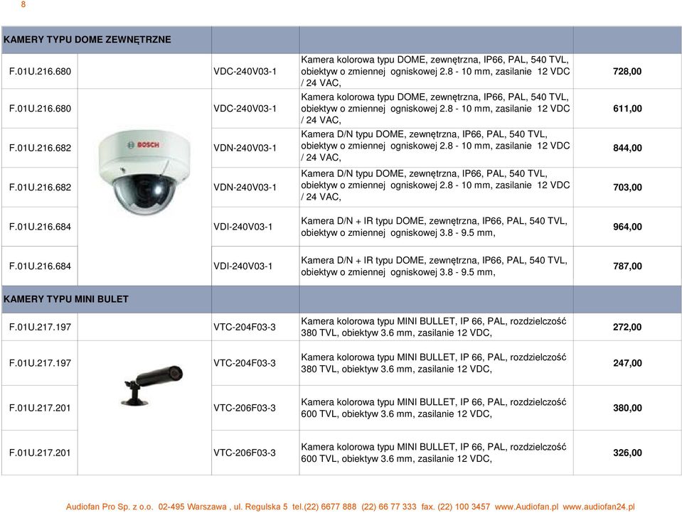 01U.216.684 VDI-240V03-1 Kamera D/N + IR typu DOME, zewn trzna, IP66, PAL, 540 TVL, obiektyw o zmiennej ogniskowej 3.8-9.5 mm, 964,00 F.01U.216.684 VDI-240V03-1 Kamera D/N + IR typu DOME, zewn trzna, IP66, PAL, 540 TVL, obiektyw o zmiennej ogniskowej 3.8-9.5 mm, 787,00 KAMERY TYPU MINI BULET F.