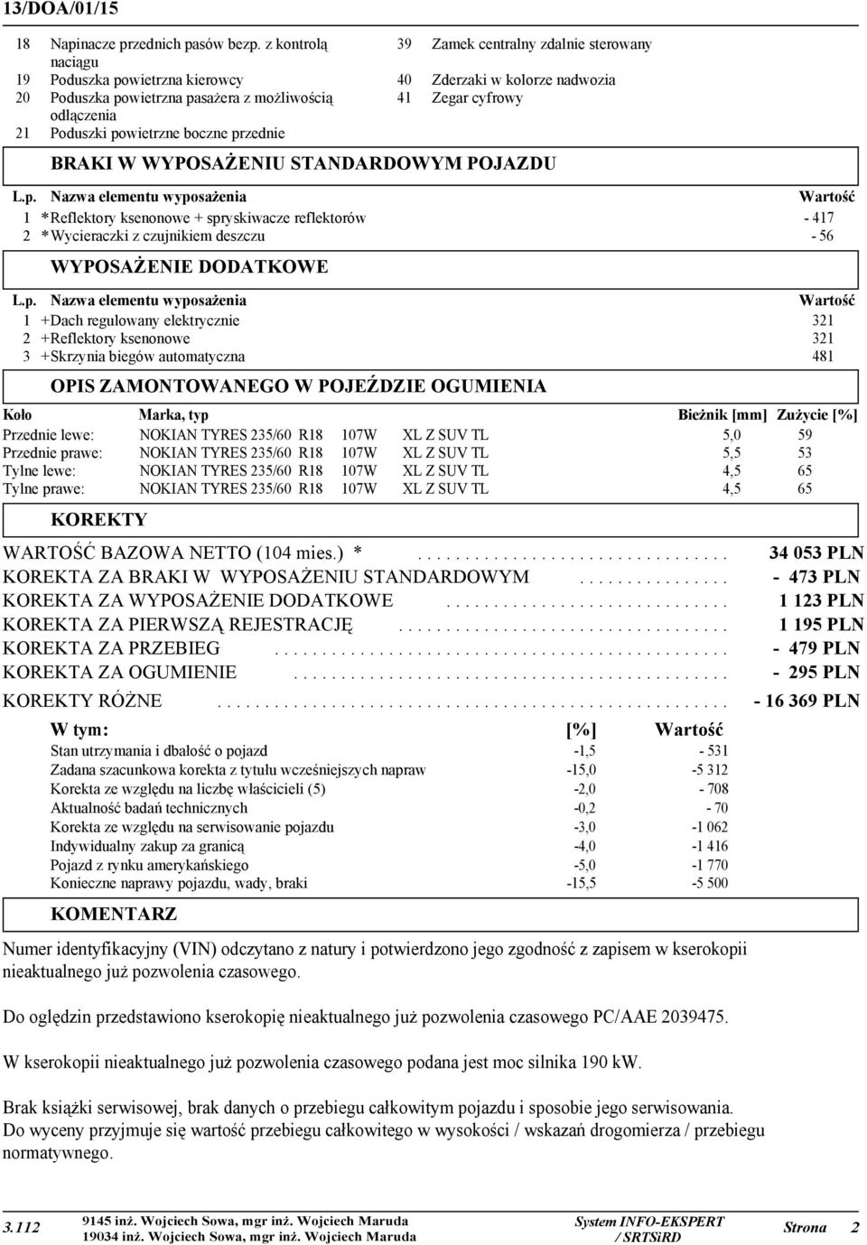 Poduszki powietrzne boczne przednie BRAKI W WYPOSAŻENIU STANDARDOWYM POJAZDU L.p. Nazwa elementu wyposażenia Wartość 1 *Reflektory ksenonowe + spryskiwacze reflektorów - 417 2 *Wycieraczki z czujnikiem deszczu - 56 WYPOSAŻENIE DODATKOWE L.