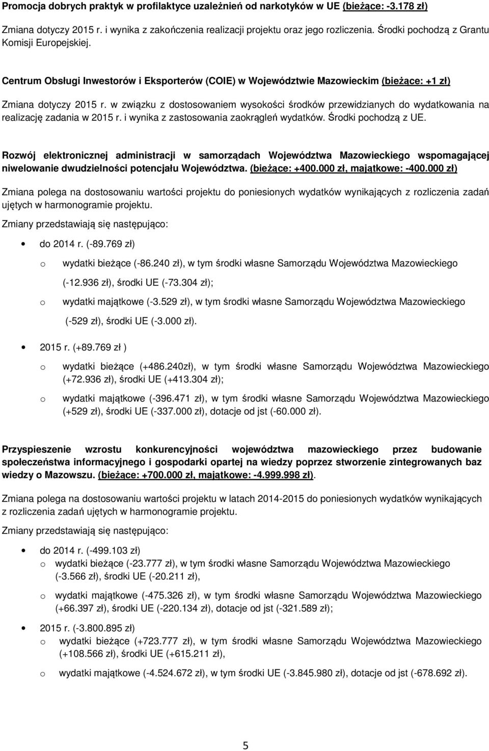 w związku z dostosowaniem wysokości środków przewidzianych do wydatkowania na realizację zadania w 2015 r. i wynika z zastosowania zaokrągleń wydatków. Środki pochodzą z UE.