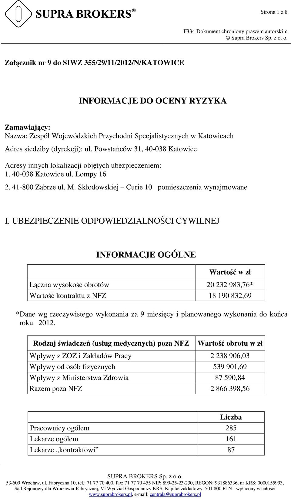 UBEZPIECZE ODPOWIEDZIALNOŚCI CYWILNEJ INFORMACJE OGÓLNE Wartość w zł Łączna wysokość obrotów 20 232 983,76* Wartość kontraktu z NFZ 18 190 832,69 *Dane wg rzeczywistego wykonania za 9 miesięcy i