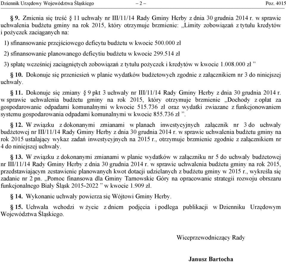 000 zł 2) sfinansowanie planowanego deficytiu budżetu w kwocie 299.514 zł 3) spłatę wcześniej zaciągniętych zobowiązań z tytułu pożyczek i kredytów w kwocie 1.008.000 zł 10.