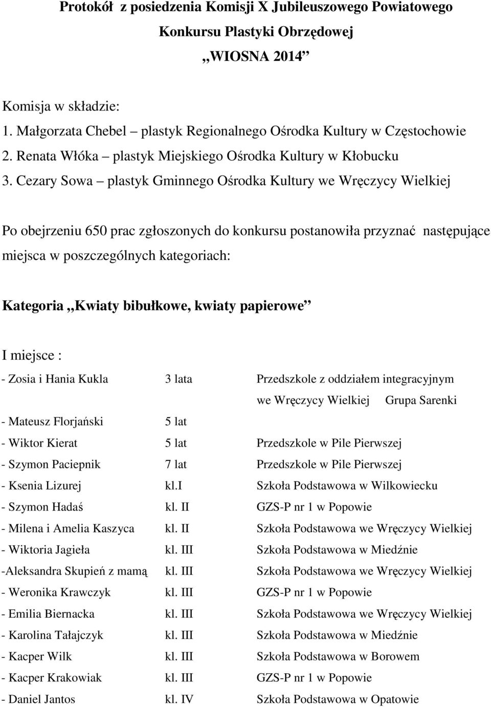 Cezary Sowa plastyk Gminnego Ośrodka Kultury we Wręczycy Wielkiej Po obejrzeniu 650 prac zgłoszonych do konkursu postanowiła przyznać następujące miejsca w poszczególnych kategoriach: Kategoria