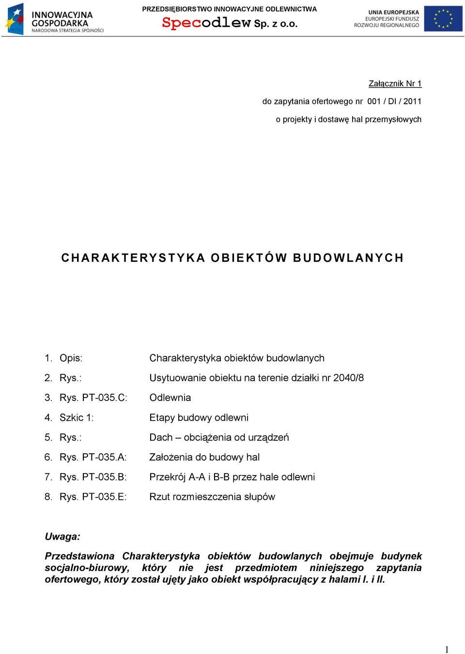 Opis: Charakterystyka obiektów budowlanych 2. Rys.: Usytuowanie obiektu na terenie działki nr 2040/8 3. Rys. PT-035.C: Odlewnia 4. Szkic 1: Etapy budowy odlewni 5. Rys.: Dach obciążenia od urządzeń 6.