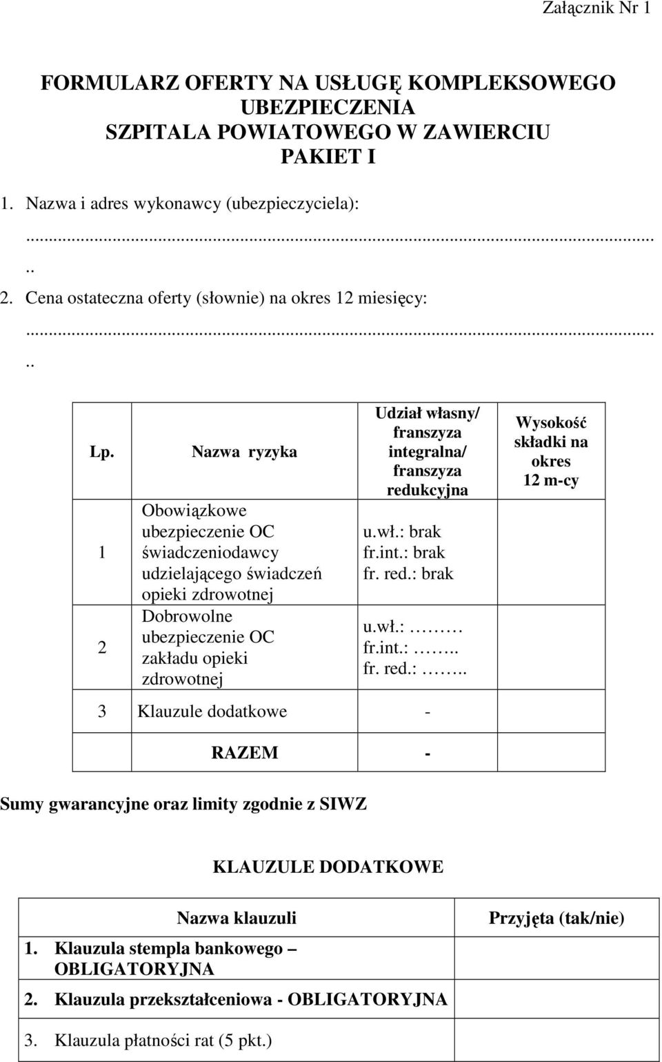 1 2 Nazwa ryzyka Obowiązkowe ubezpieczenie OC świadczeniodawcy udzielającego świadczeń opieki zdrowotnej Dobrowolne ubezpieczenie OC zakładu opieki zdrowotnej Udział własny/ franszyza