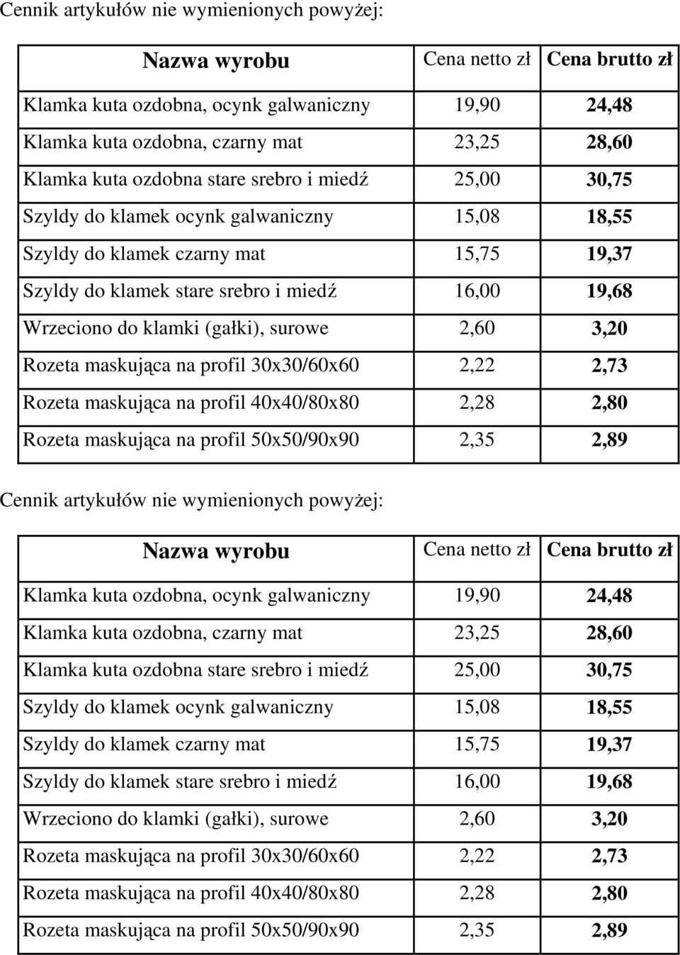 surowe 2,60 3,20 Rozeta maskująca na profil 30x30/60x60 2,22 2,73 Rozeta maskująca na profil 40x40/80x80 2,28 2,80 Rozeta maskująca na profil 50x50/90x90 2,35 2,89   surowe 2,60 3,20 Rozeta maskująca