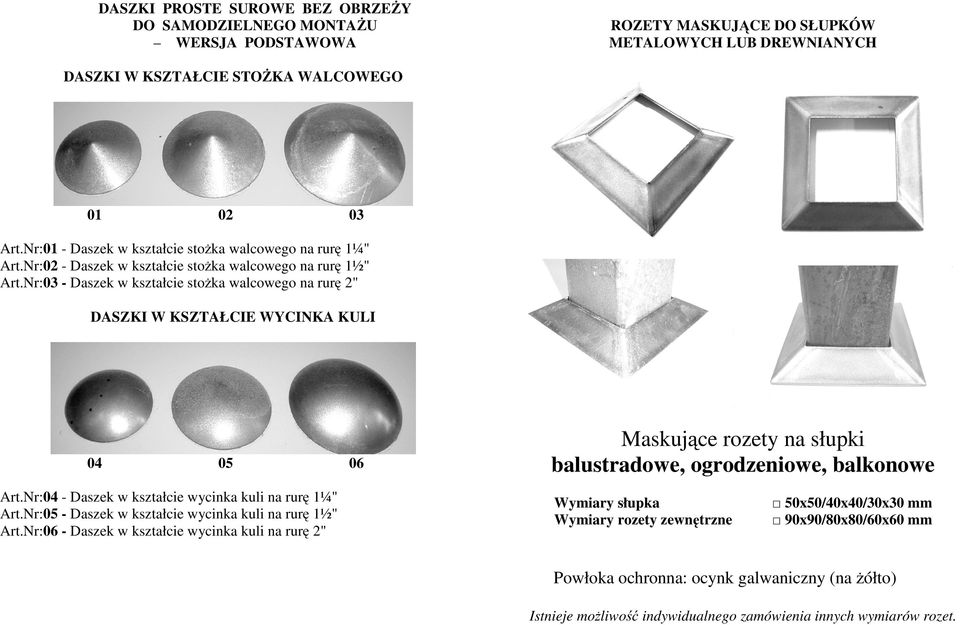 Nr:03 - Daszek w kształcie stożka walcowego na rurę 2" DASZKI W KSZTAŁCIE WYCINKA KULI 04 05 Art.Nr:04 - Daszek w kształcie wycinka kuli na rurę 1¼" Art.