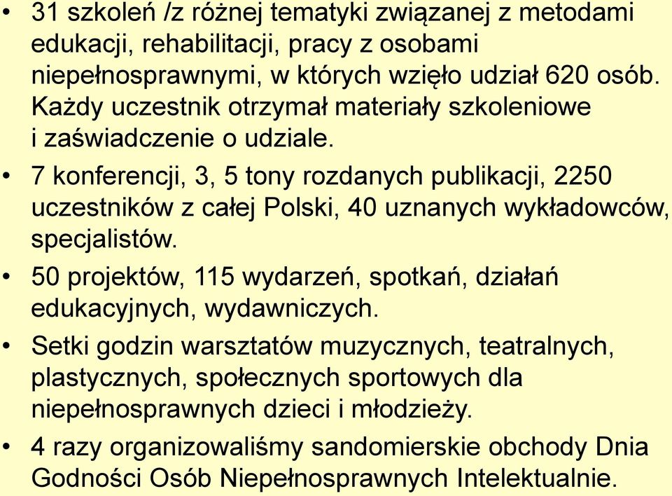 7 konferencji, 3, 5 tony rozdanych publikacji, 2250 uczestników z całej Polski, 40 uznanych wykładowców, specjalistów.
