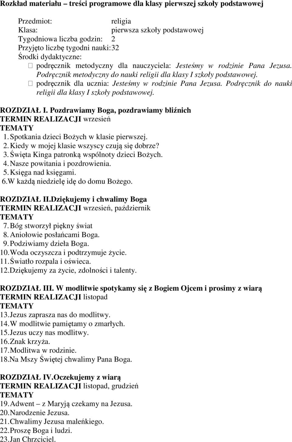 podręcznik dla ucznia: Jesteśmy w rodzinie Pana Jezusa. Podręcznik do nauki religii dla klasy I szkoły podstawowej. ROZDZIAŁ I. Pozdrawiamy Boga, pozdrawiamy bliźnich TERMIN REALIZACJI wrzesień 1.