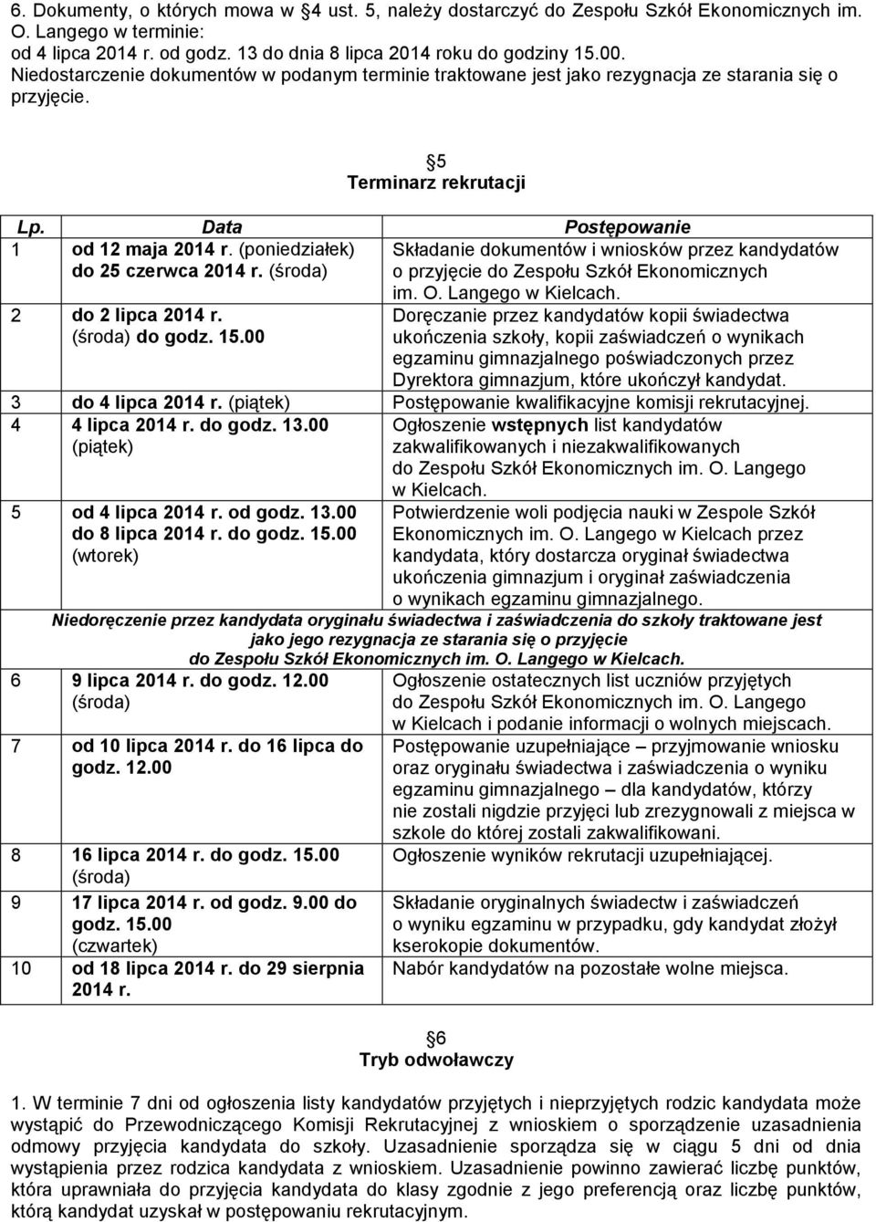 (poniedziałek) Składanie dokumentów i wniosków przez kandydatów do 25 czerwca 2014 r. (środa) o przyjęcie do Zespołu Szkół Ekonomicznych im. O. Langego w Kielcach. 2 do 2 lipca 2014 r.