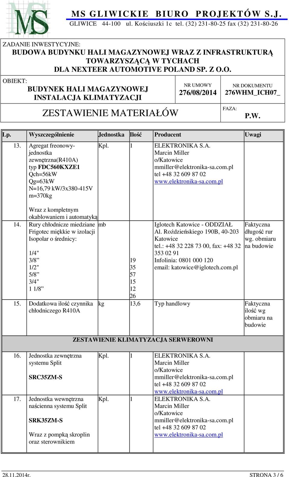 Dodatkowa ilość czynnika chłodniczego R410A 19 35 57 15 12 26 kg 13,6 Typ handlowy ilość wg obmiaru na budowie ZESTAWIENIE
