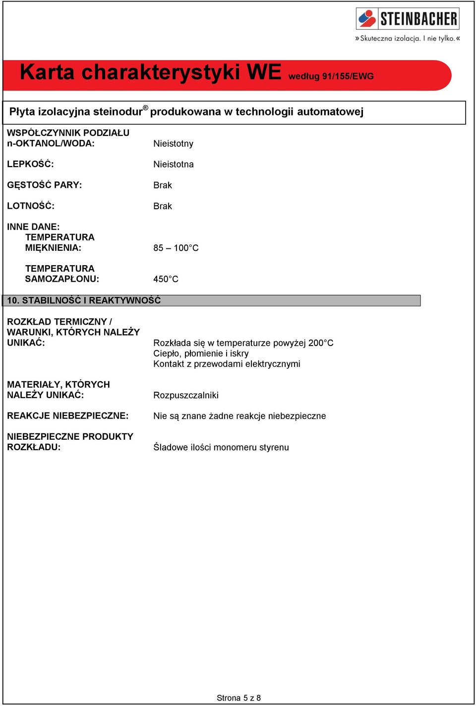 STABILNOŚĆ I REAKTYWNOŚĆ ROZKŁAD TERMICZNY / WARUNKI, KTÓRYCH NALEŻY UNIKAĆ: Rozkłada się w temperaturze powyżej 200 C Ciepło,