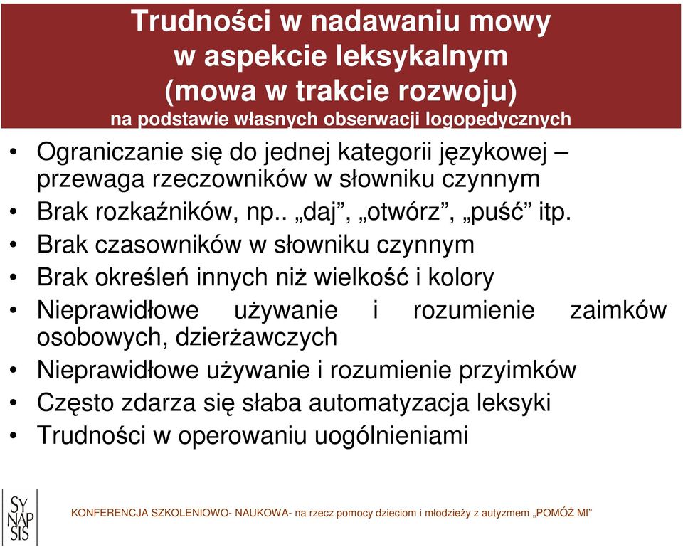 Brak czasowników w słowniku czynnym Brak określeń innych niż wielkość i kolory Nieprawidłowe używanie i rozumienie zaimków osobowych,