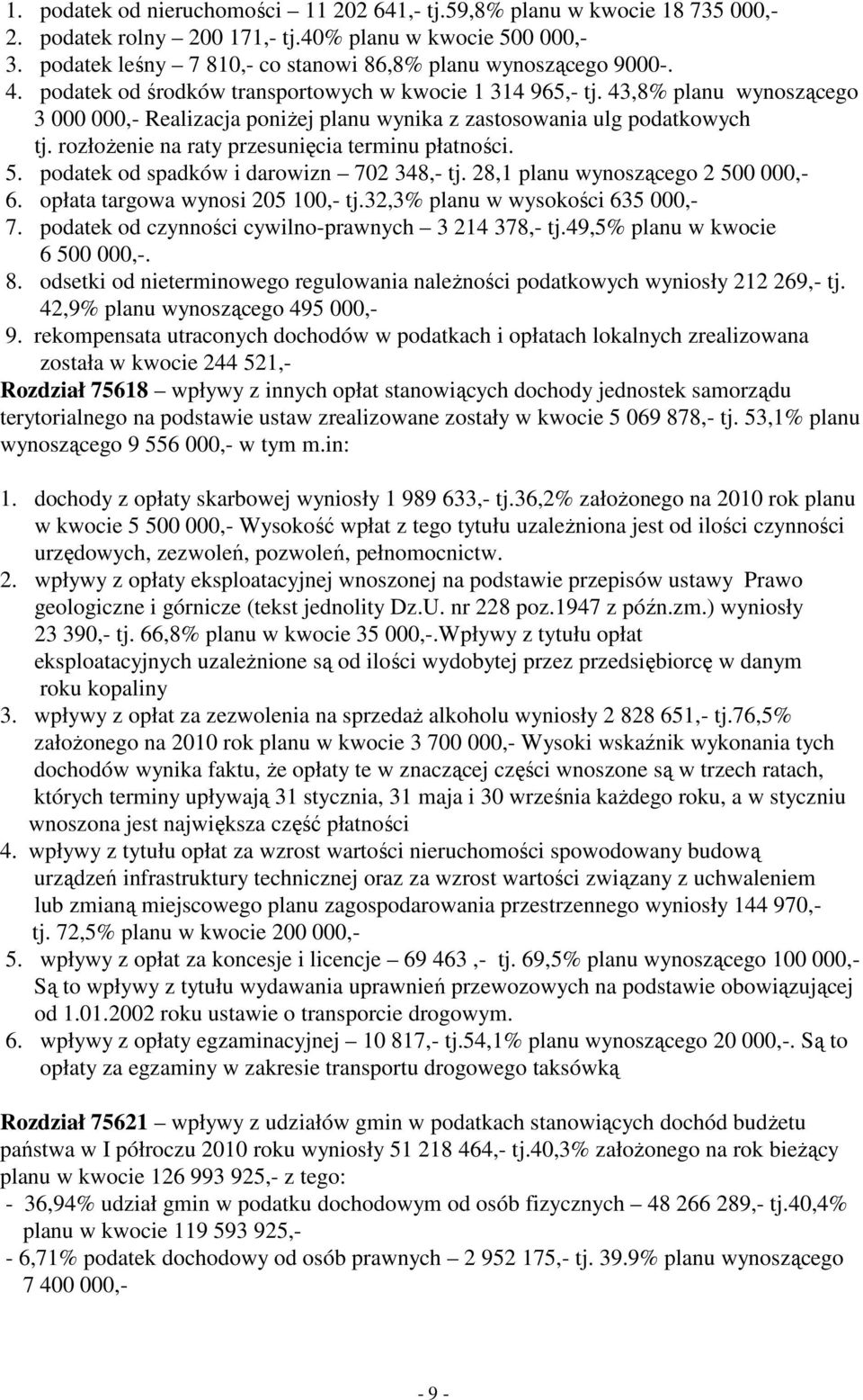 43,8% planu wynoszącego 3 000 000,- Realizacja poniŝej planu wynika z zastosowania ulg podatkowych tj. rozłoŝenie na raty przesunięcia terminu płatności. 5. podatek od spadków i darowizn 702 348,- tj.