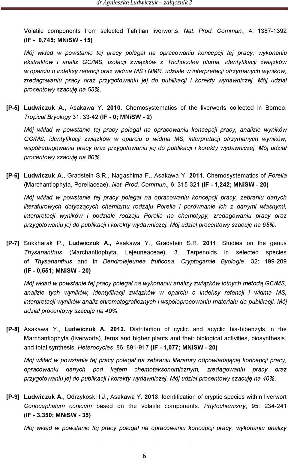 identyfikacji związków w oparciu o indeksy retencji oraz widma MS i NMR, udziale w interpretacji otrzymanych wyników, zredagowaniu pracy oraz przygotowaniu jej do publikacji i korekty wydawniczej.