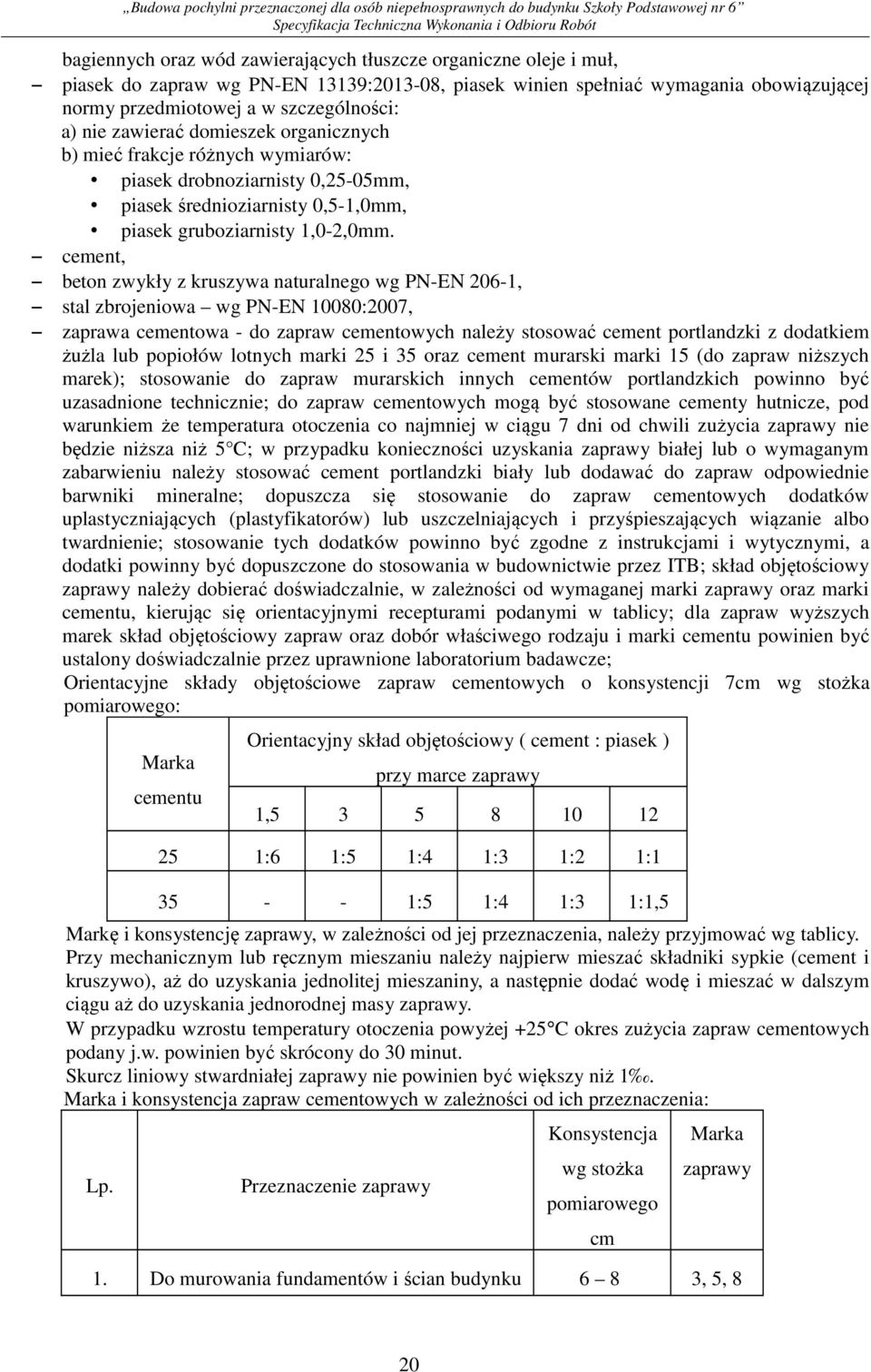 cement, beton zwykły z kruszywa naturalnego wg PN-EN 206-1, stal zbrojeniowa wg PN-EN 10080:2007, zaprawa cementowa - do zapraw cementowych należy stosować cement portlandzki z dodatkiem żużla lub