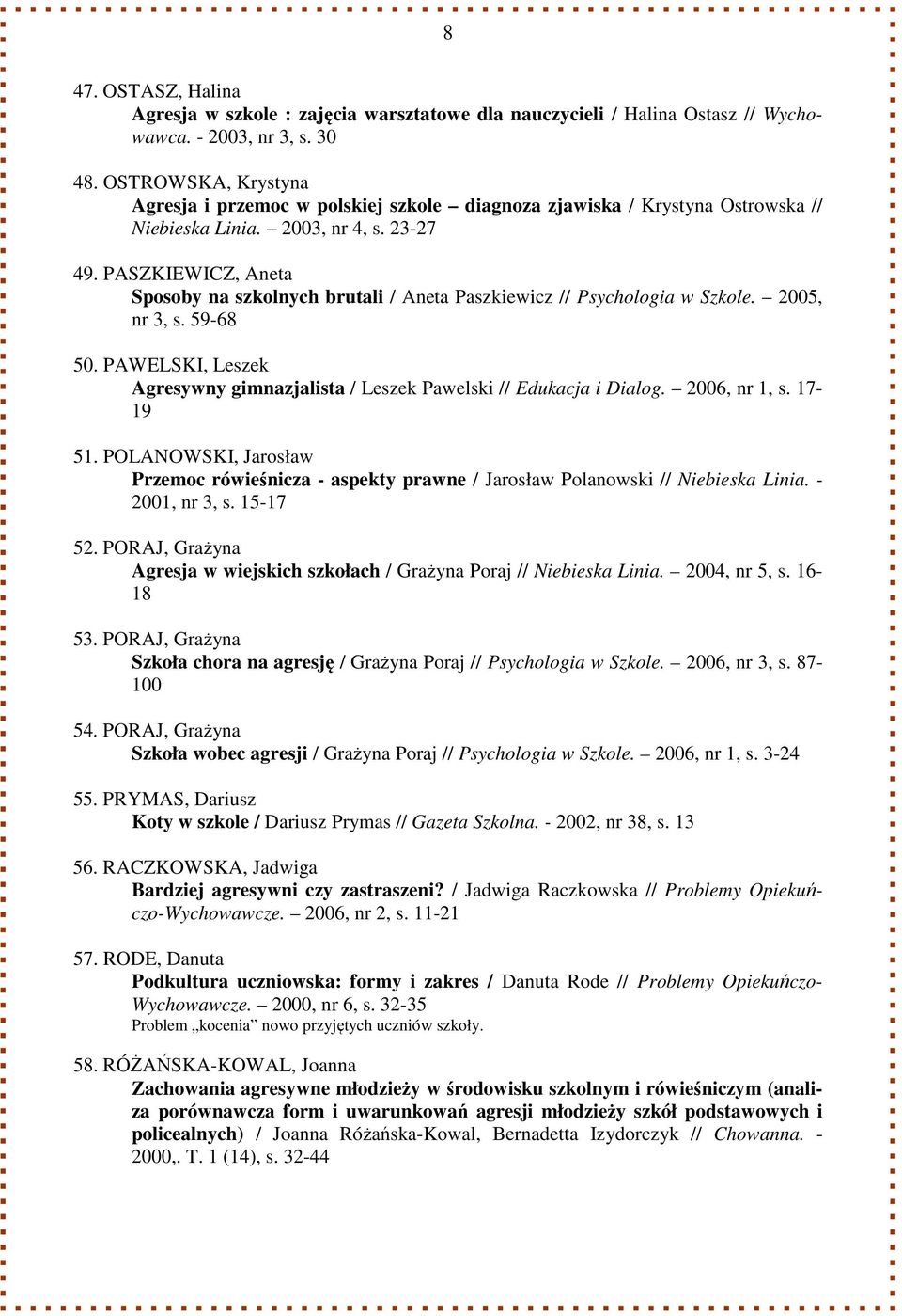 PASZKIEWICZ, Aneta Sposoby na szkolnych brutali / Aneta Paszkiewicz // Psychologia w Szkole. 2005, nr 3, s. 59-68 50. PAWELSKI, Leszek Agresywny gimnazjalista / Leszek Pawelski // Edukacja i Dialog.