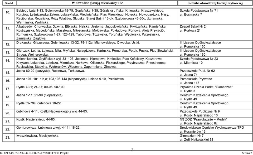 Raciborska, Regalicka, Róży Wiatrów, Słupska, Starej Baśni 13-dk, Szybowcowa 43-50c, Uznamska, Warmińska, Wolińska.