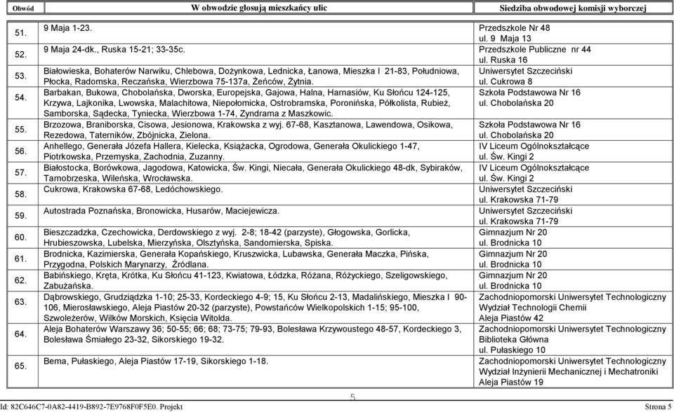 Cukrowa 8 Barbakan, Bukowa, Chobolańska, Dworska, Europejska, Gajowa, Halna, Harnasiów, Ku Słońcu 124-125, Szkoła Podstawowa Nr 16 Krzywa, Lajkonika, Lwowska, Malachitowa, Niepołomicka, Ostrobramska,