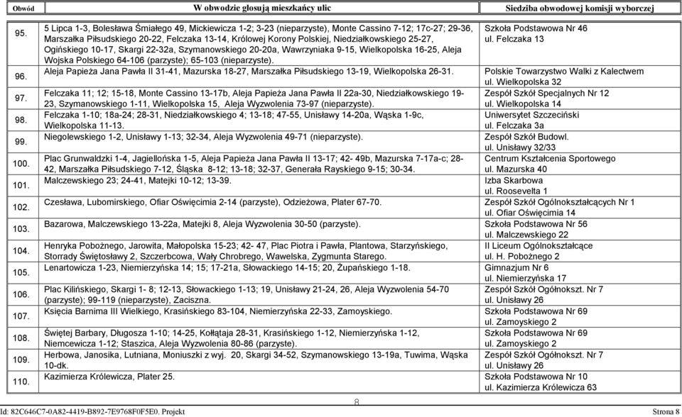 25-27, Ogińskiego 10-17, Skargi 22-32a, Szymanowskiego 20-20a, Wawrzyniaka 9-15, Wielkopolska 16-25, Aleja Wojska Polskiego 64-106 (parzyste); 65-103 (nieparzyste).