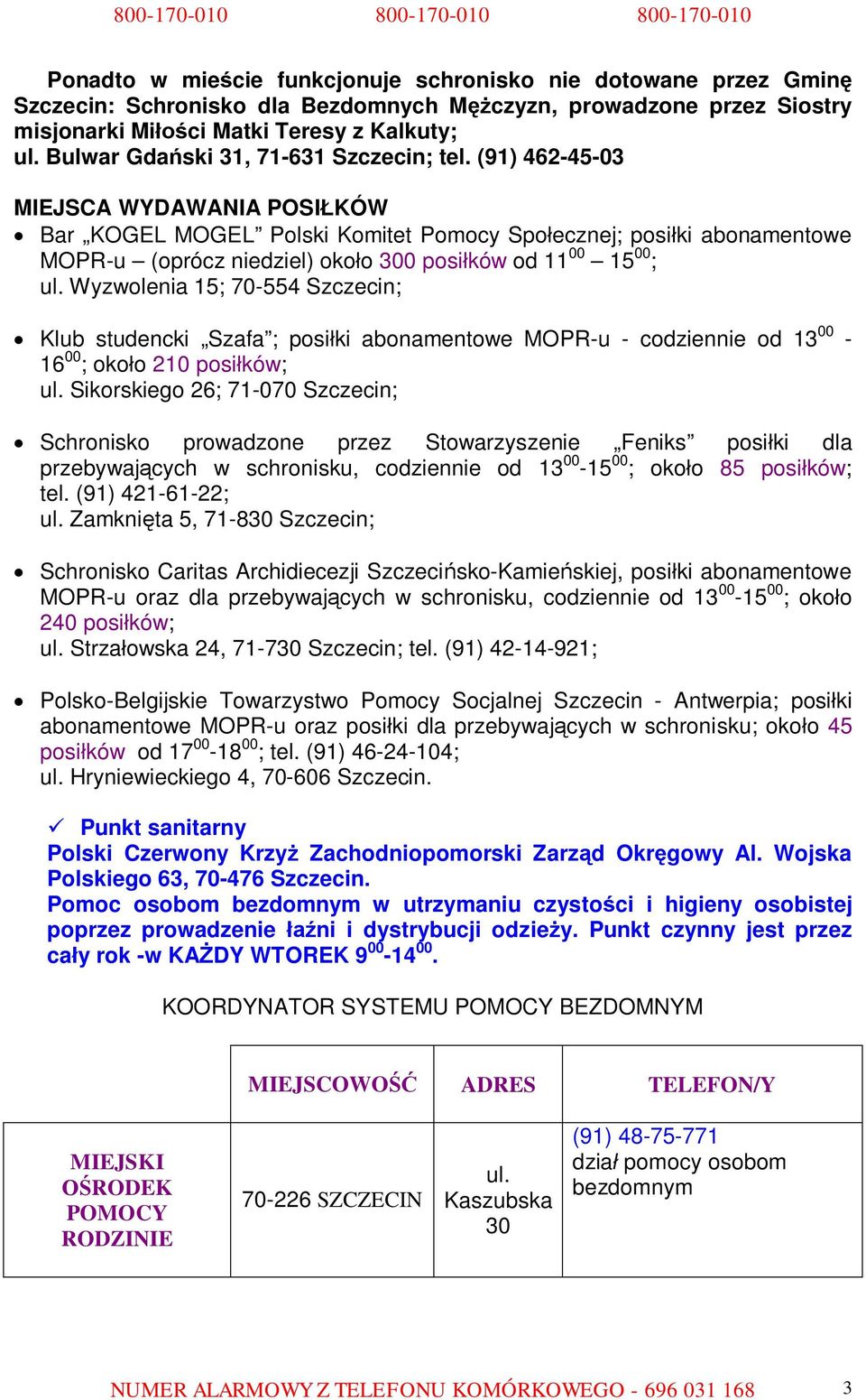 (91) 462-45-03 MIEJSCA WYDAWANIA POSIŁKÓW Bar KOGEL MOGEL Polski Komitet ; posiłki abonamentowe MOPR-u (oprócz niedziel) około 300 posiłków od 11 00 15 00 ; ul.