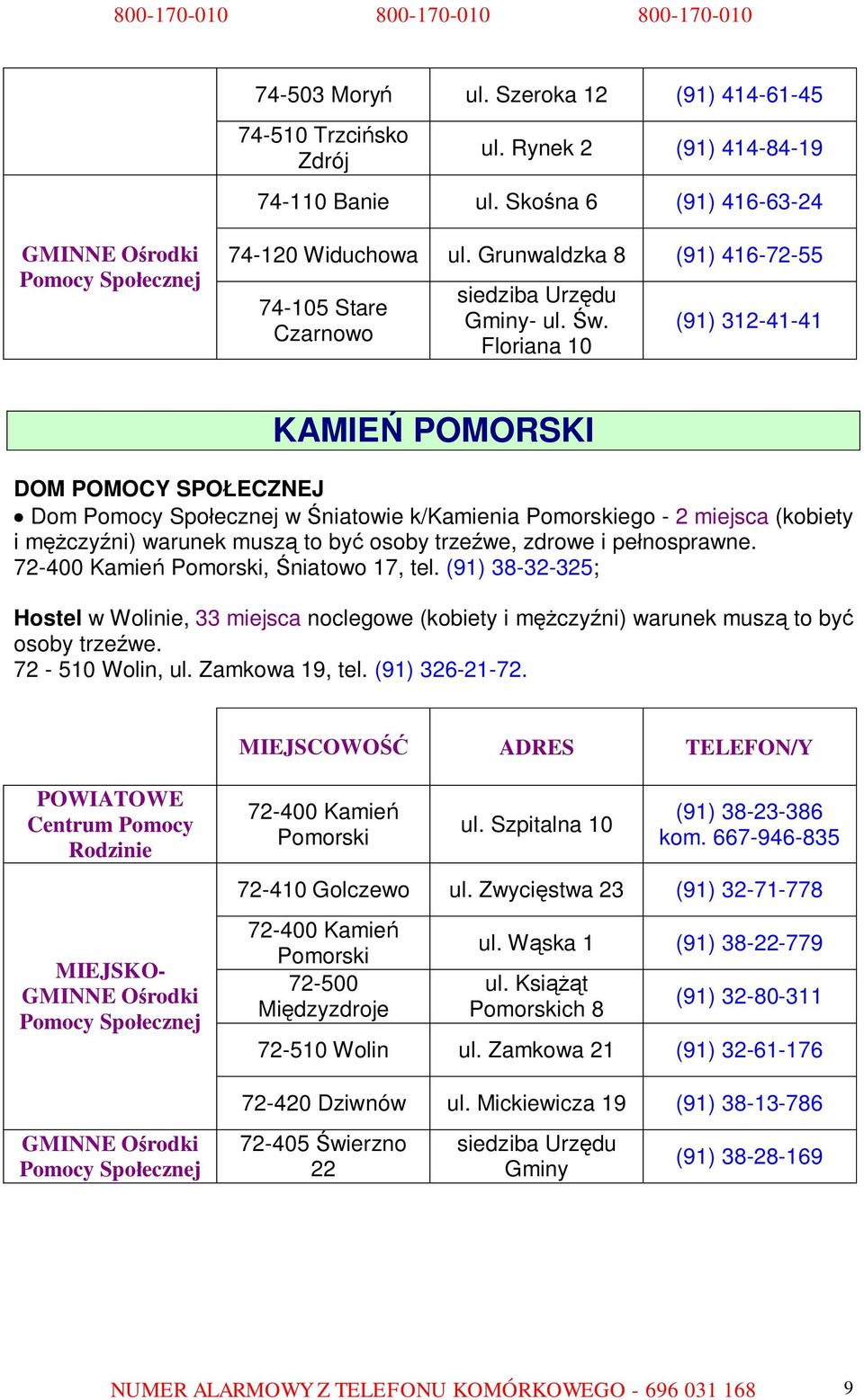 Floriana 10 (91) 312-41-41 KAMIEŃ POMORSKI DOM POMOCY SPOŁECZNEJ Dom w Śniatowie k/kamienia Pomorskiego - 2 miejsca (kobiety i mężczyźni) warunek muszą to być osoby trzeźwe, zdrowe i pełnosprawne.