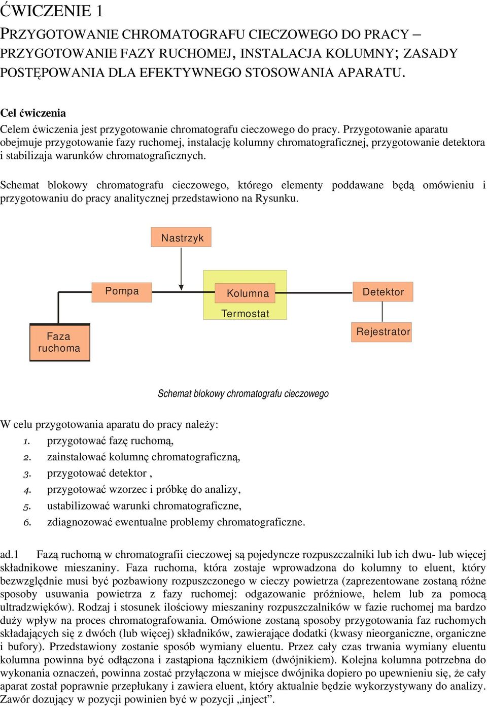 Przygotowanie aparatu obejmuje przygotowanie fazy ruchomej, instalację kolumny chromatograficznej, przygotowanie detektora i stabilizaja warunków chromatograficznych.