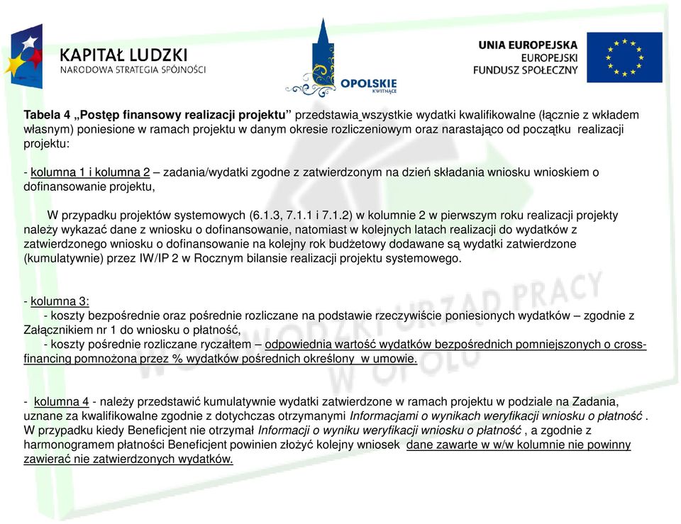 1.1 i 7.1.2) w kolumnie 2 w pierwszym roku realizacji projekty należy wykazać dane z wniosku o dofinansowanie, natomiast w kolejnych latach realizacji do wydatków z zatwierdzonego wniosku o