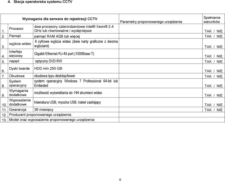 wyjściami) Interfejs Gigabit Ethernet RJ-45 port (1000Base-T) 4. sieciowy 5. napęd optyczny DVD-RW Dyski twarde HDD min 250 GB 7. Obudowa obudowa typu desktop/tower 8.