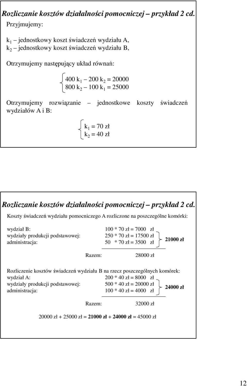 rozwązane jednostkowe koszty śwadczeń wydzałów A B: k 1 = 70 zł k 2 = 40 zł  Koszty śwadczeń wydzału pomocnczego A rozlczone na poszczególne komórk: wydzał B: wydzały produkcj podstawowej:
